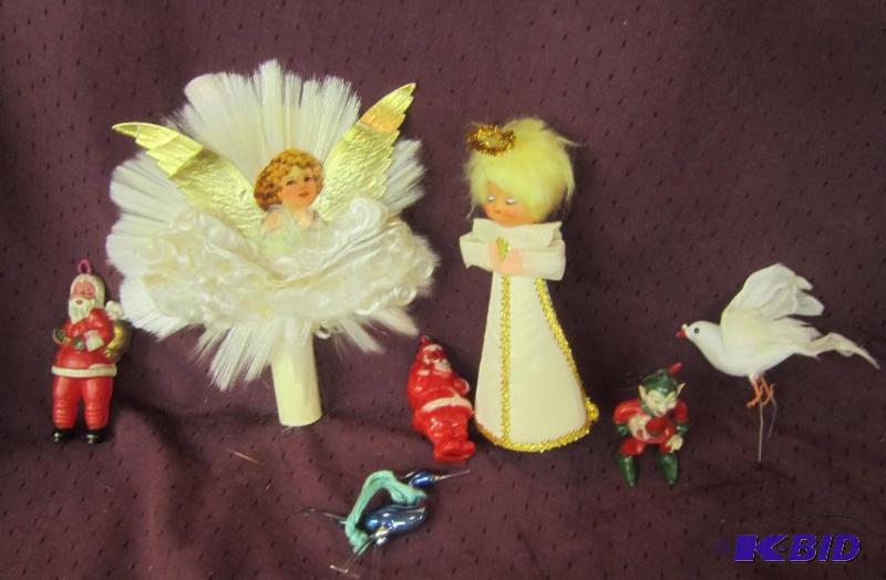 lot 614 image: Vintage - Angel Tree Topper, Felt Angel, 1950s old plastic santa, old Elf Skier, Glass Bird Blue,
