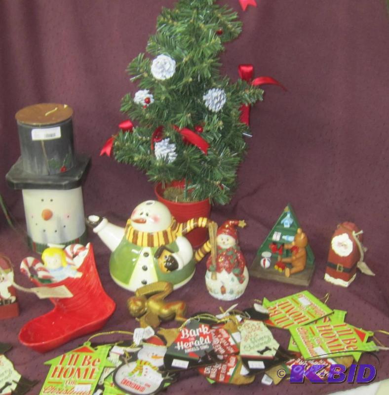 lot 625 image: Christmas Lot - Tree, Snowman Candle Holder, Ornaments Teapot, Candy Dish, Snowman
