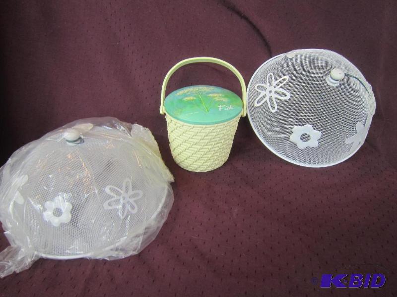 lot 633 image: A Basket and two white Food Covers with Flowers
