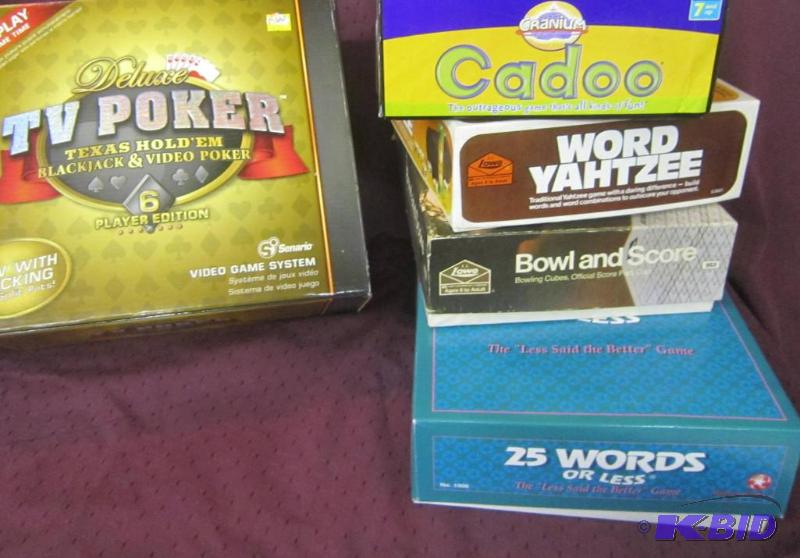 lot 635 image: Misc Box Lot of Games - Cadoo, Word Yahtzee, Bowl and Scote, 25 Words or less, TV Poker, ETC