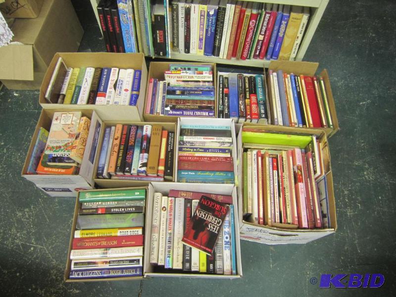 lot 645 image: Box Lot - 3 Shelves and 10 Boxes of Books (shelf not included)