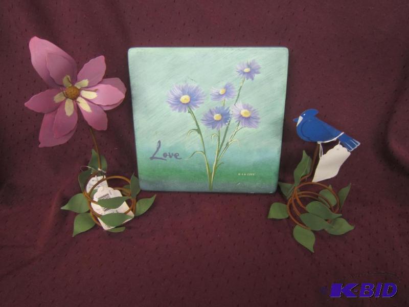 lot 647 image: NEW  Love Plaque and 2 Votive Holders Flower and Bird