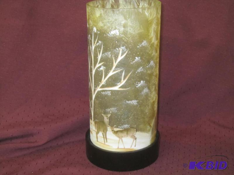 lot 652 image: NEW  Battery Operated Frosted Glass Deer Light 11 with Trees