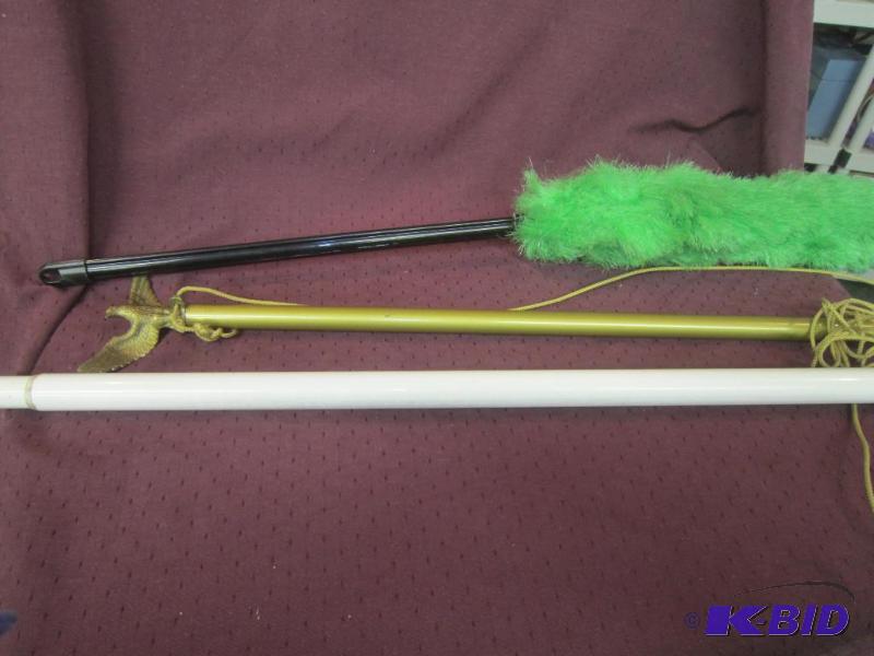 lot 677 image: Misc Lot - Flag Pole, Shower Curtain Rod, Long Handled Duster