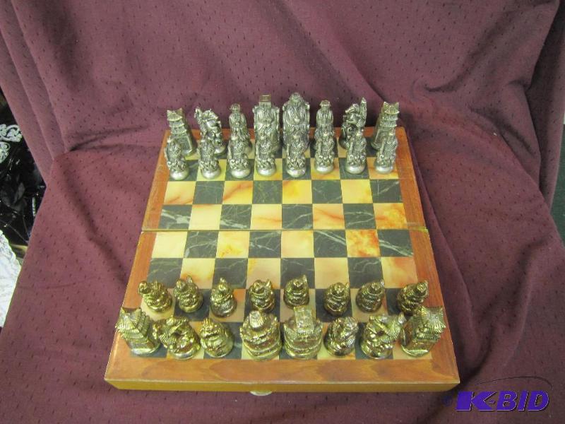 lot 682 image: Old Chess Set with Cast Chess Pieces - Very Heavy - Very Unique - Board 13 x 13