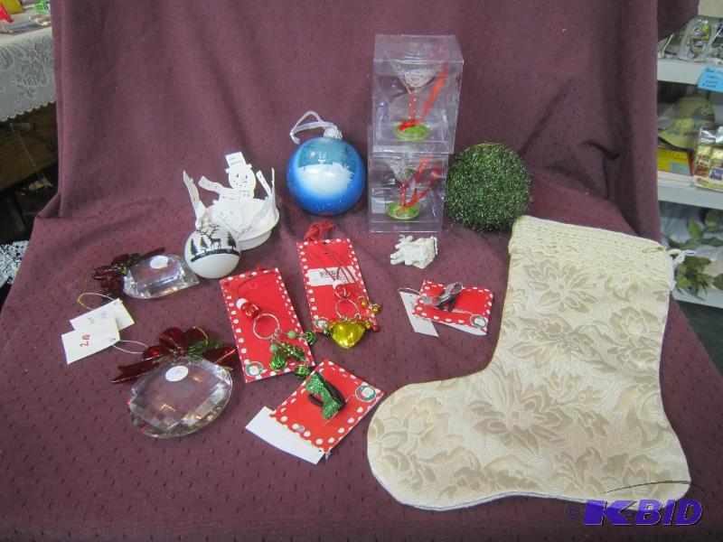 lot 698 image: Chirstmas - Box of Misc ornaments, Stocking, Votive Holder, Keychains, MISC
