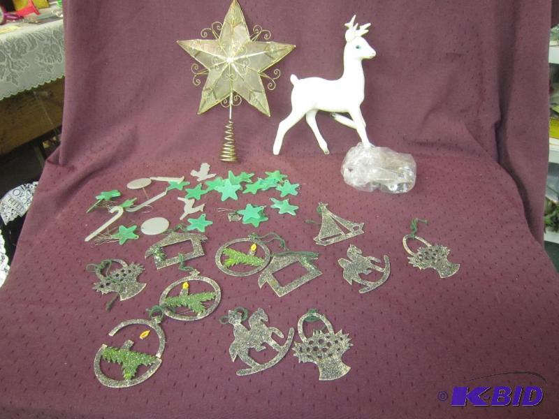 lot 707 image: Christmas - Collection of Star Tree Topper, Very Old Glitter Ornaments from the 40s or 50s Reindeer