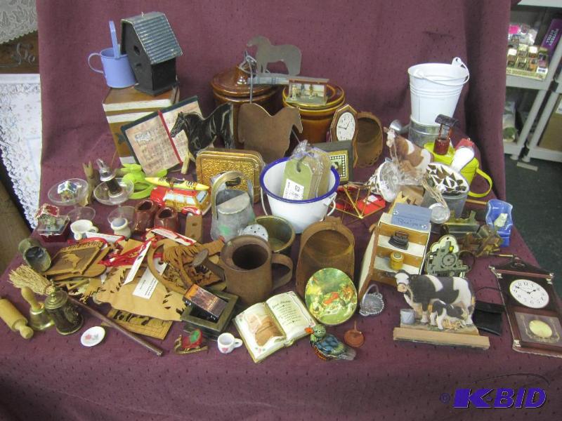 lot 711 image: Misc Box Lot of Minitures Ornaments, Cheese Crocks, Farm Animals, Misc, Etc