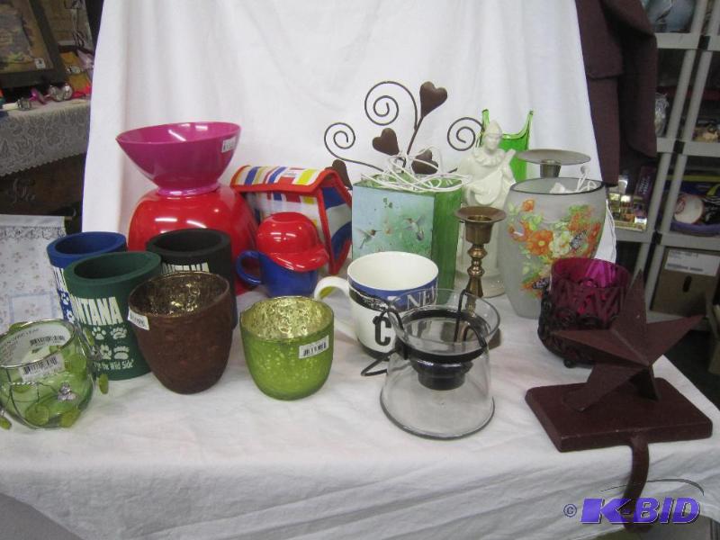 lot 713 image: Misc Lot - Bowls Can Coozies, Votive Holders, Misc Lighted Lamps, Stocking Holder, Green Art Vase