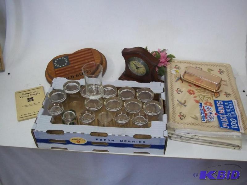 Sets of juice glasses, decor clock, placemats...