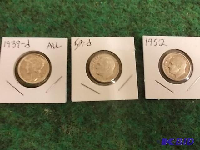 3-Silver Dimes 1939 D, 1959 D, 1952 D...