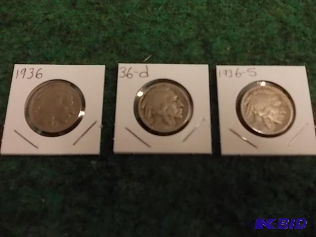 Set Of 3-Buffalo Nickels 1936, S, D...