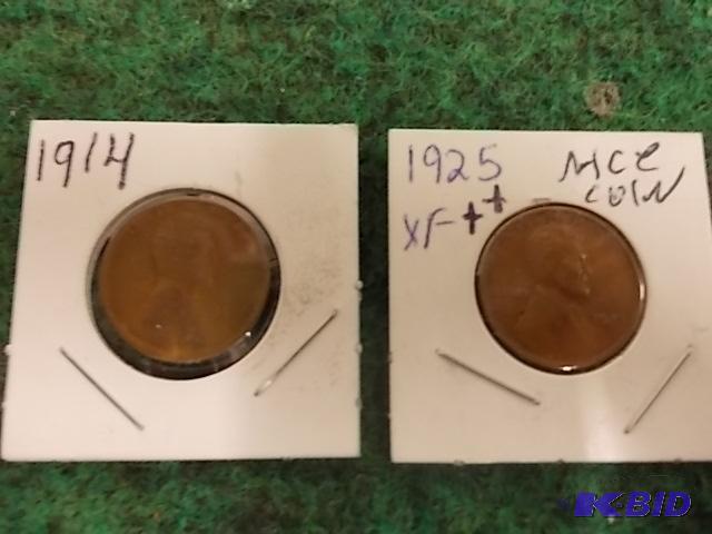 2-Lincoln Pennies 1914, 1925 XF...