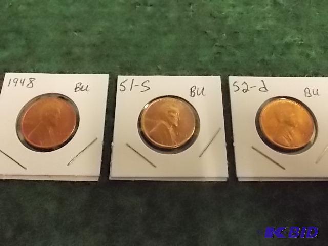 3-Lincoln Pennies 1948, 1951 S, 1952 D All BU...