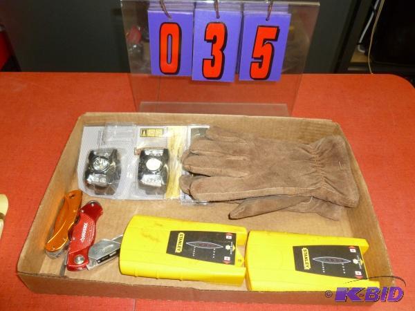 Flat of headlamps, knives, gloves and misc. A...