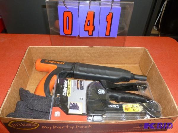 Flat of ram set fastener gun and staples. As ...
