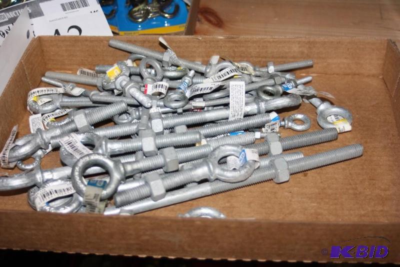 lot 106 image: Box Lot of Miscellaneous Sized Metal Bolts wEyelit End.