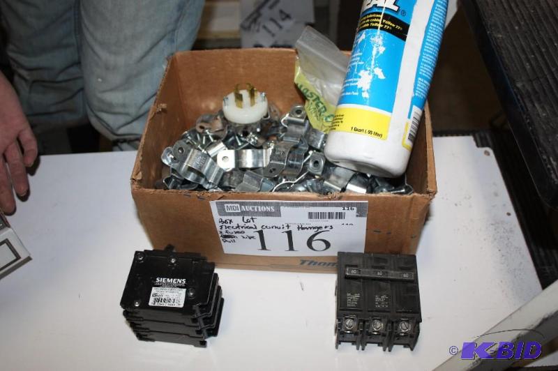 lot 116 image: Box Lot Including Metal Electrical Conduit Hangers Ideal Siemens Q350 Circuit Breaker And More.