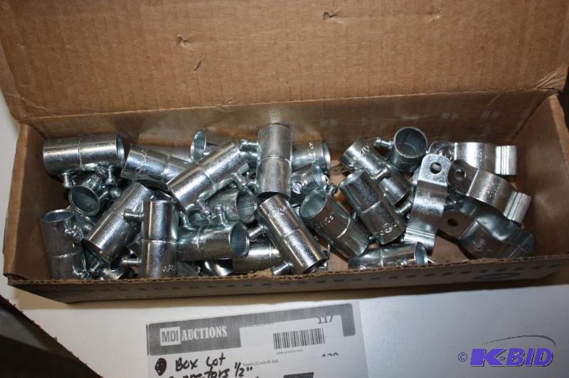 lot 117 image: Box of Metal ConnectorsConduit Hangers wScrew Down Bolts.