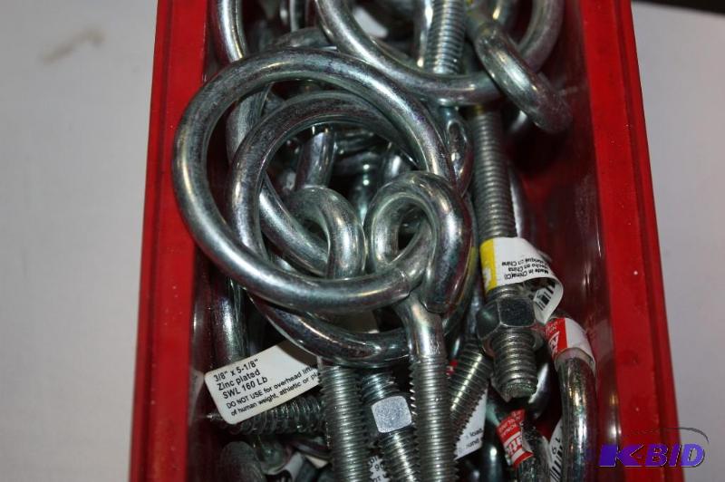 lot 127 image: Container Lot of Eyelit Bolts wScrews & Circle Hanger In Eyelit 38 x 58 160lbs Limit.
