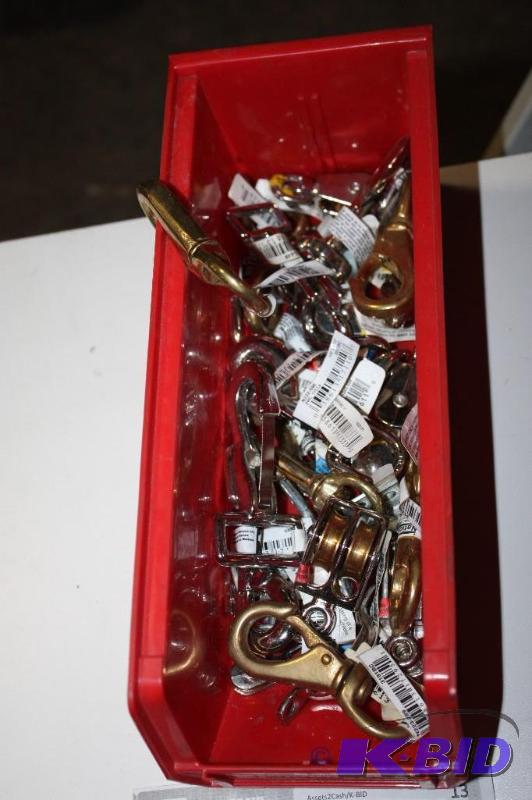 lot 13 image: Bin Lot of Pulleys & Snap Connectors Including Metal Clasps Rolling Hanger And More.