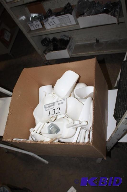 lot 132 image: Box Lot of Plastic Ice Bucket Scoops White Circular End Hole To Hang On Handle.