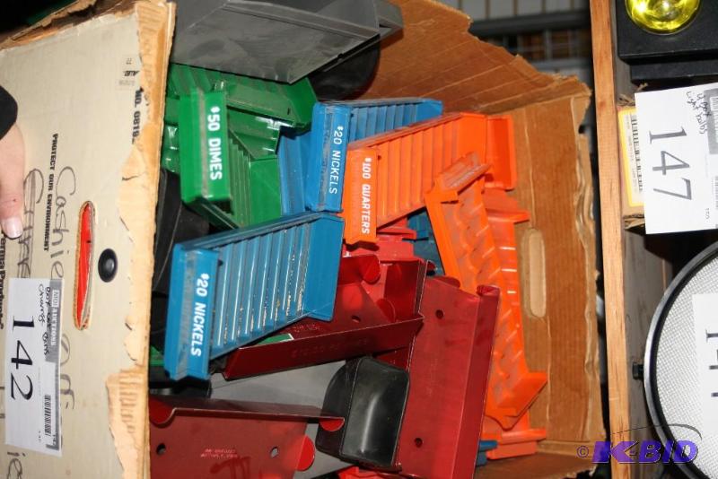 lot 142 image: Box Lot of Plastic Change Organizers Including Quarters$100 $20Nickels $50Dimes And More.