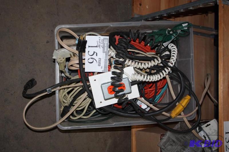 lot 156 image: Box Lot of Electrical Cords Including Basic Power Cords Metal Outlet Extension Cords And More.
