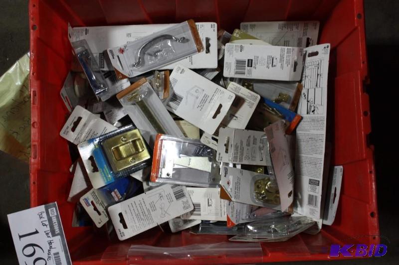 lot 169 image: Box Lot of Miscellaneous Door Hardware Including Door Handles, Metal Chest latches Chest Handles.