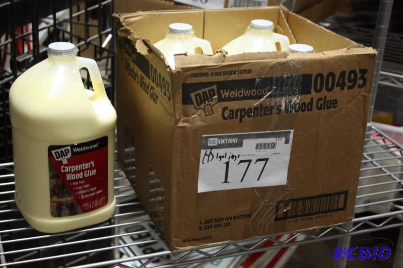 lot 177 image: (4) Jugs of Dap Weldwood Carpenters Wood Glue 1 U.S. Gallon 4 perbox.