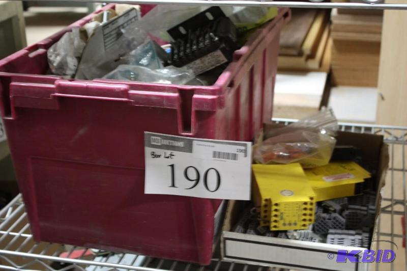 lot 190 image: Box Lot of Safety Relays, Sick Brand Mann Filter C1337 Circuits Switches And More.