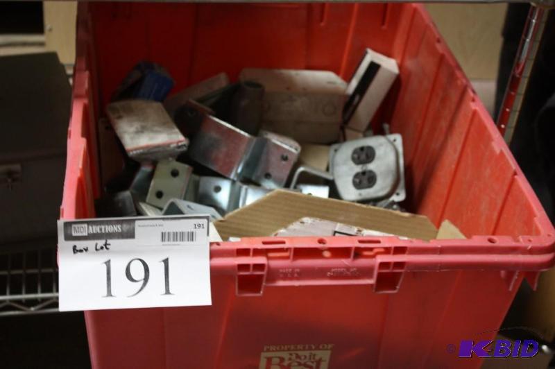 lot 191 image: Box Lot of Miscellaneous Hardware Including Circuit Switches Electrical Outlets Metal Brackets