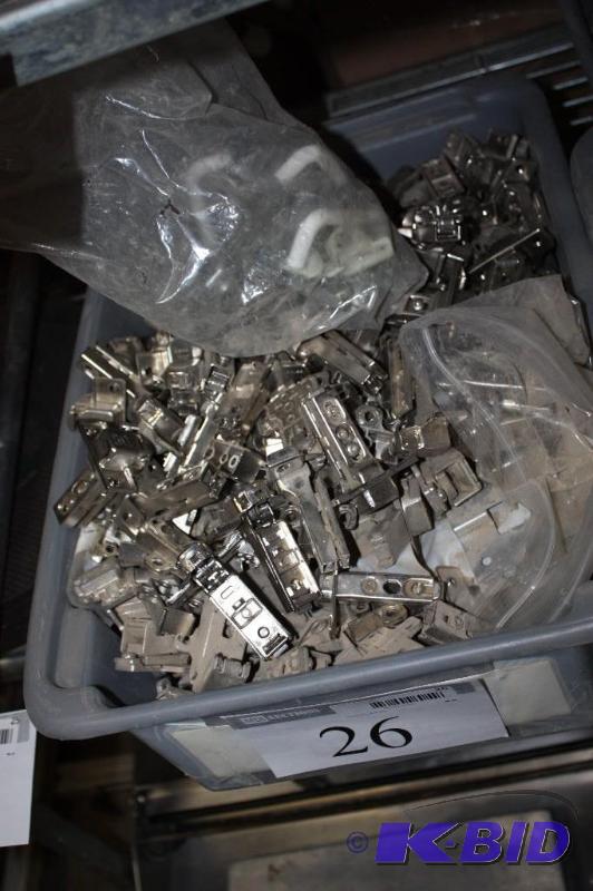lot 26 image: Bin Lot Including Grass Brand Screw-On Metal Hinges Brads For Frames.