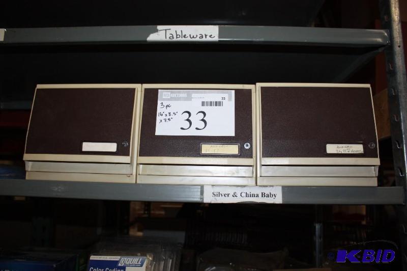 lot 33 image: (3) Locking Filing Cabinets Pull-Out 16 x 8.5 x 7.5 BeigeBrown.
