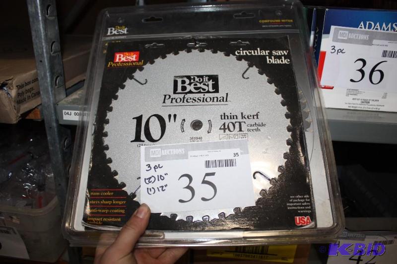 lot 35 image: (3) Including Do It Best Professional Circular Saw Blade, 10, Think Kerf, app. 2 ct And More.