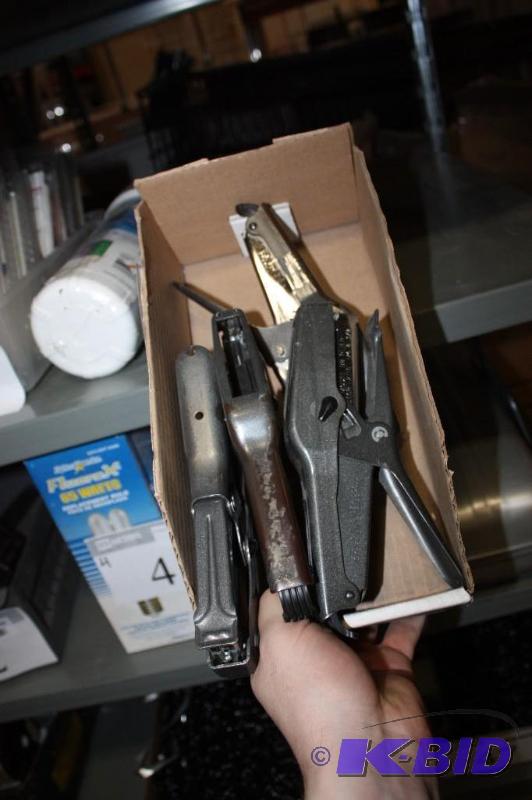 lot 39 image: Box Lot Including Metal Hand Staplers, app. 4 ct.