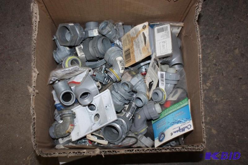 lot 49 image: Box Lot Including SLB Threaded Conduit Body 34 PVCPlastic wScrews Plastic Adapters And More