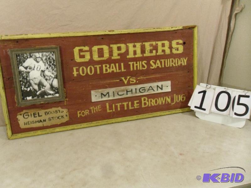 lot 105 image: Very Cool Large Wooden Gophers Sign. Joe Giel...