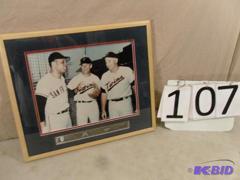 lot 107 image: Framed Photo Willie Mays, Paul Giel, and Harm...