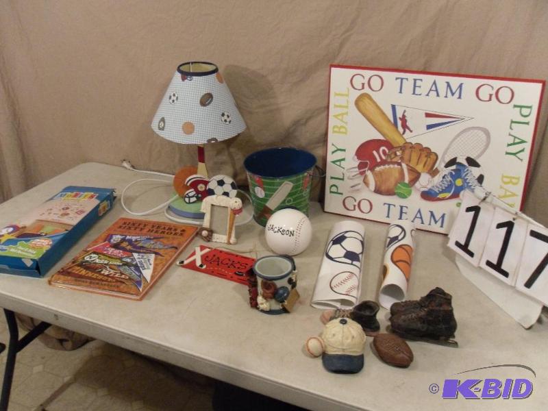 lot 117 image: Lot of Sports Themed Room Decor. Signs, Lamp,...