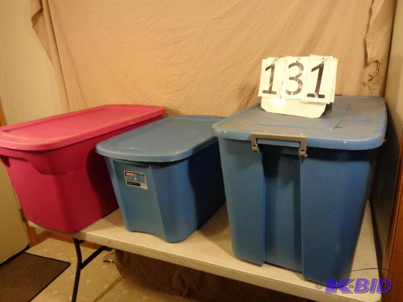 lot 131 image: Lot of 3 Assorted Totes with Lids. All need t...
