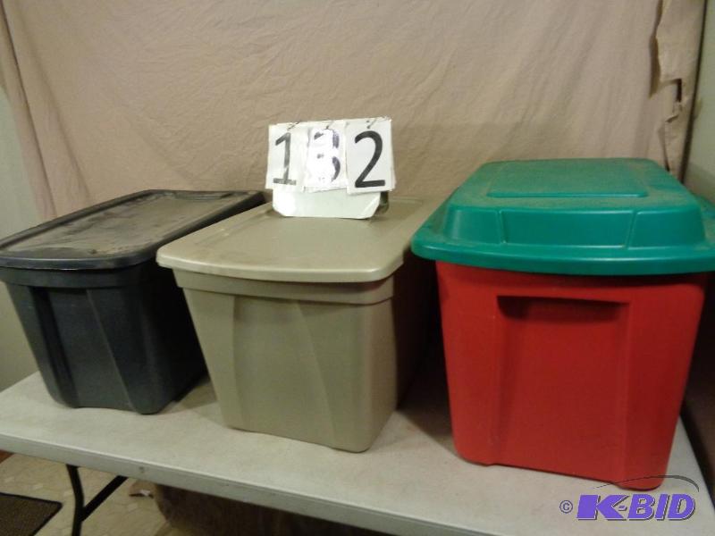 lot 132 image: 3 assorted totes with lids. All need to be wi...
