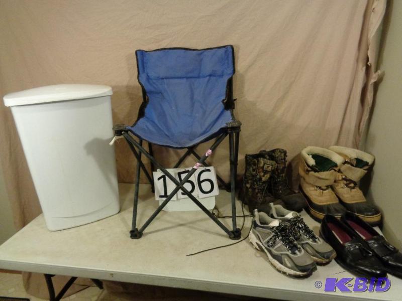 lot 156 image: Garbage Can with Lid, Fold Up Chair, 2 Pair o...