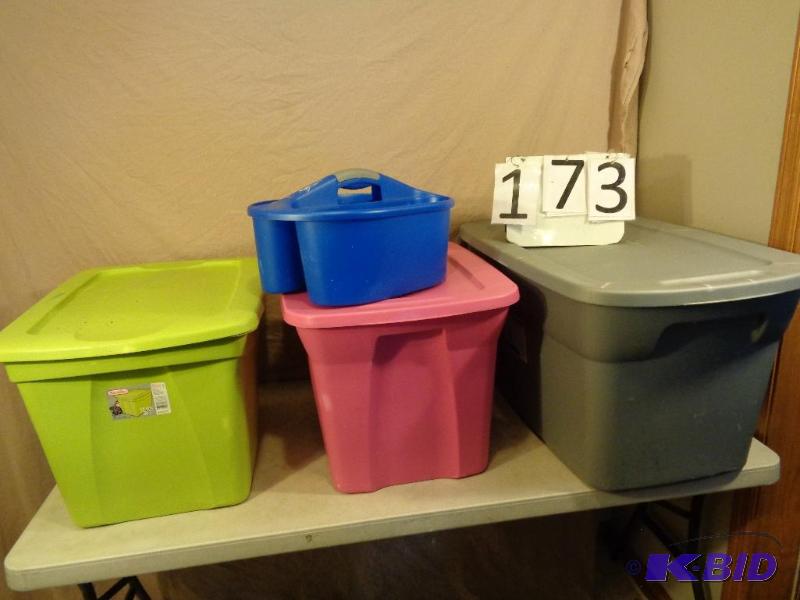 lot 173 image: Lot of 3 Totes with Lids and Caddy. All need ...