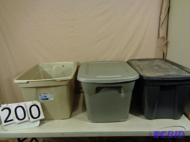 lot 200 image: Lot of 3 Totes. One is missing lid. All need ...