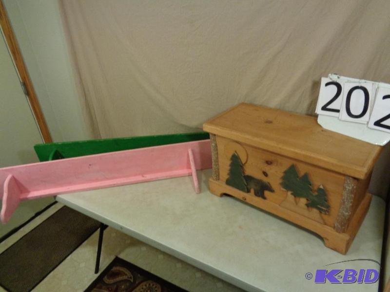 lot 202 image: Solid Wood Chest and 2 Wood Shelves. Chest Me...
