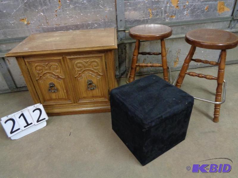 lot 212 image: 2 Wood Bar Stools, Storage Cube Ottoman, and ...