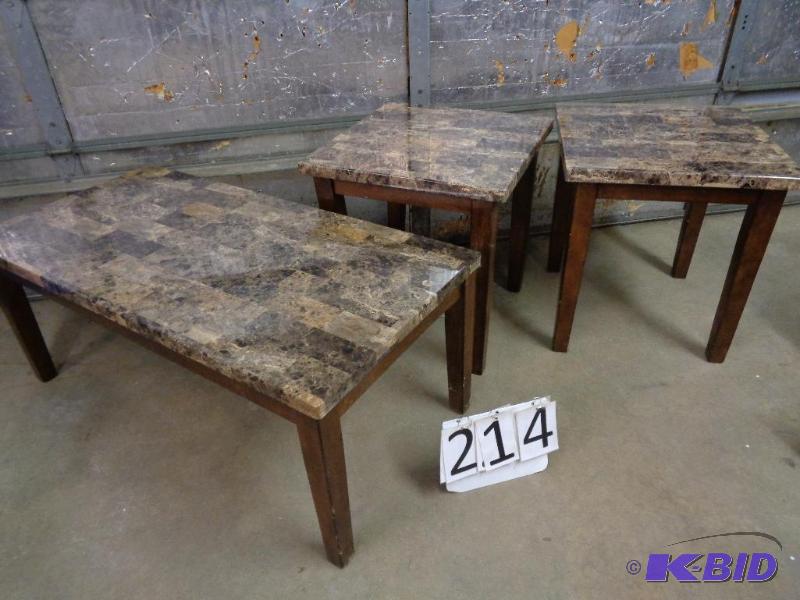 lot 214 image: Set of Simulated Stone Tables. 2 End Tables a...