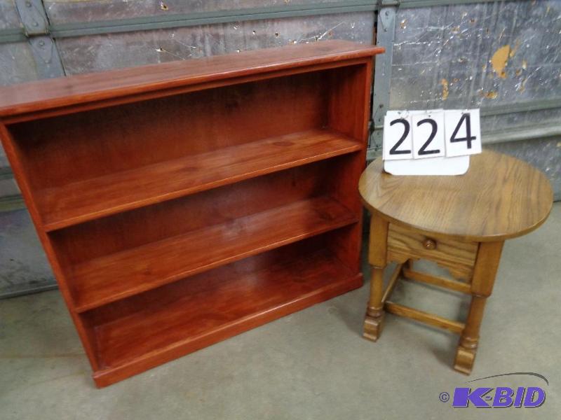 lot 224 image: Wood Bookshelf and End Table with Drawer. Gre...