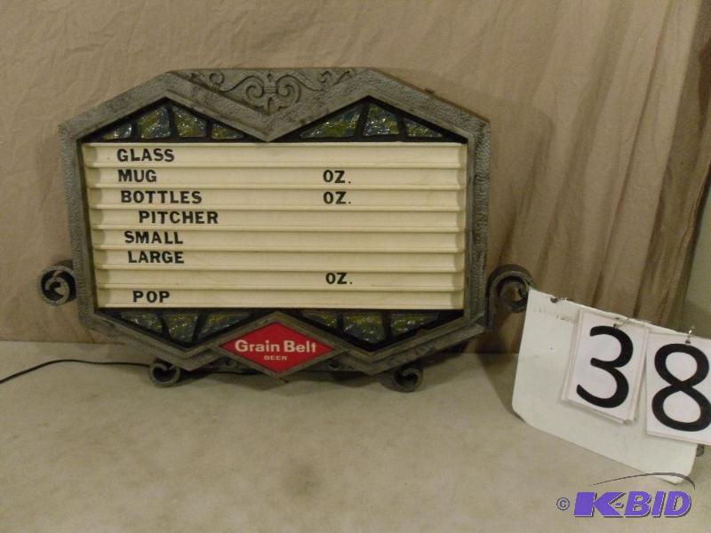 lot 38 image: Lighted Grain Belt Beer Menu Sign. Measures a...